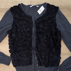 LOFT Gray Cardigan with Black Ruffle Front